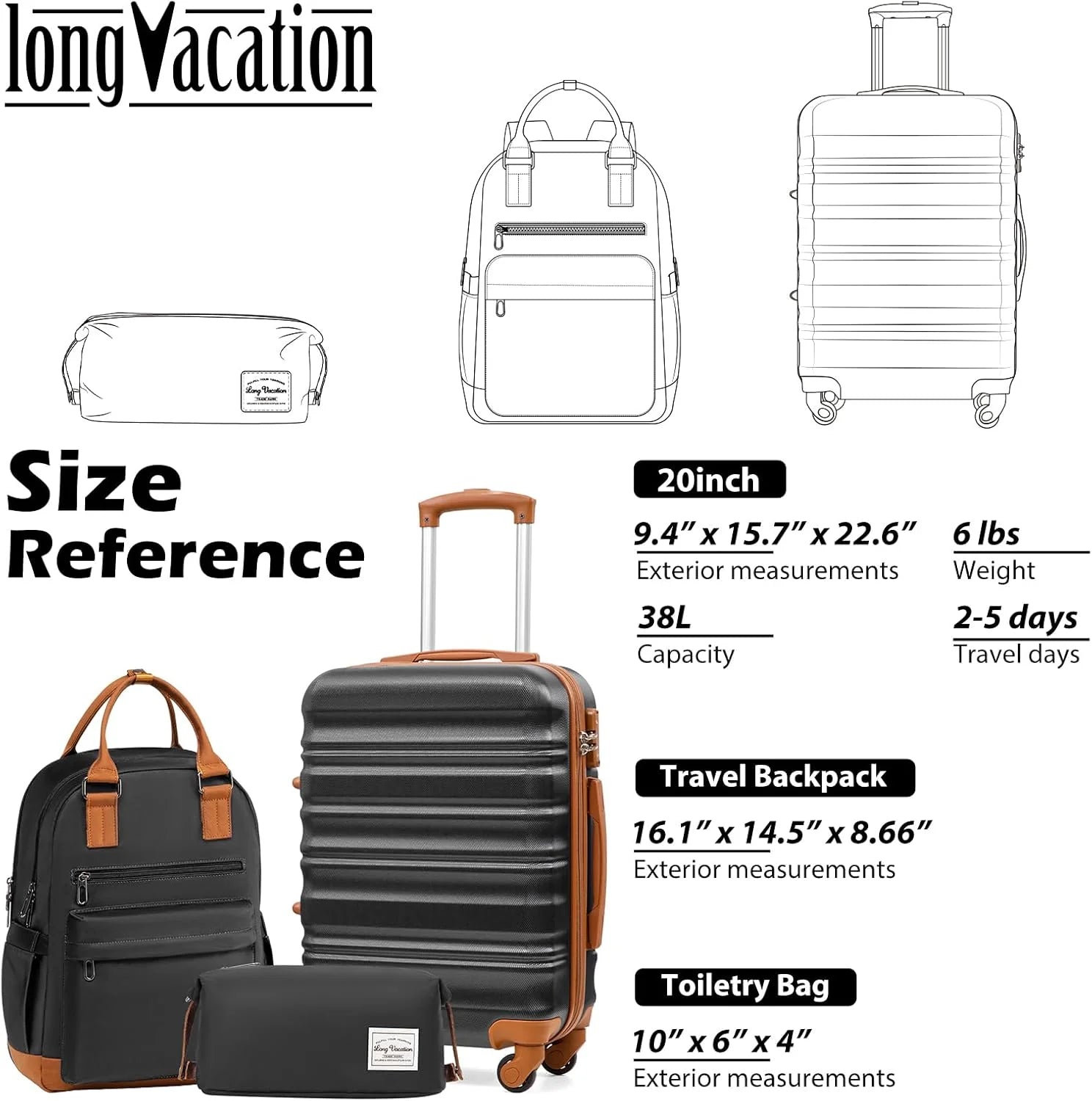 LONG VACATION 6 Piece Luggage Set Carry on Suitcase with ABS+PC hardshell, Spinner Wheels & YKK Zipper TSA Lock