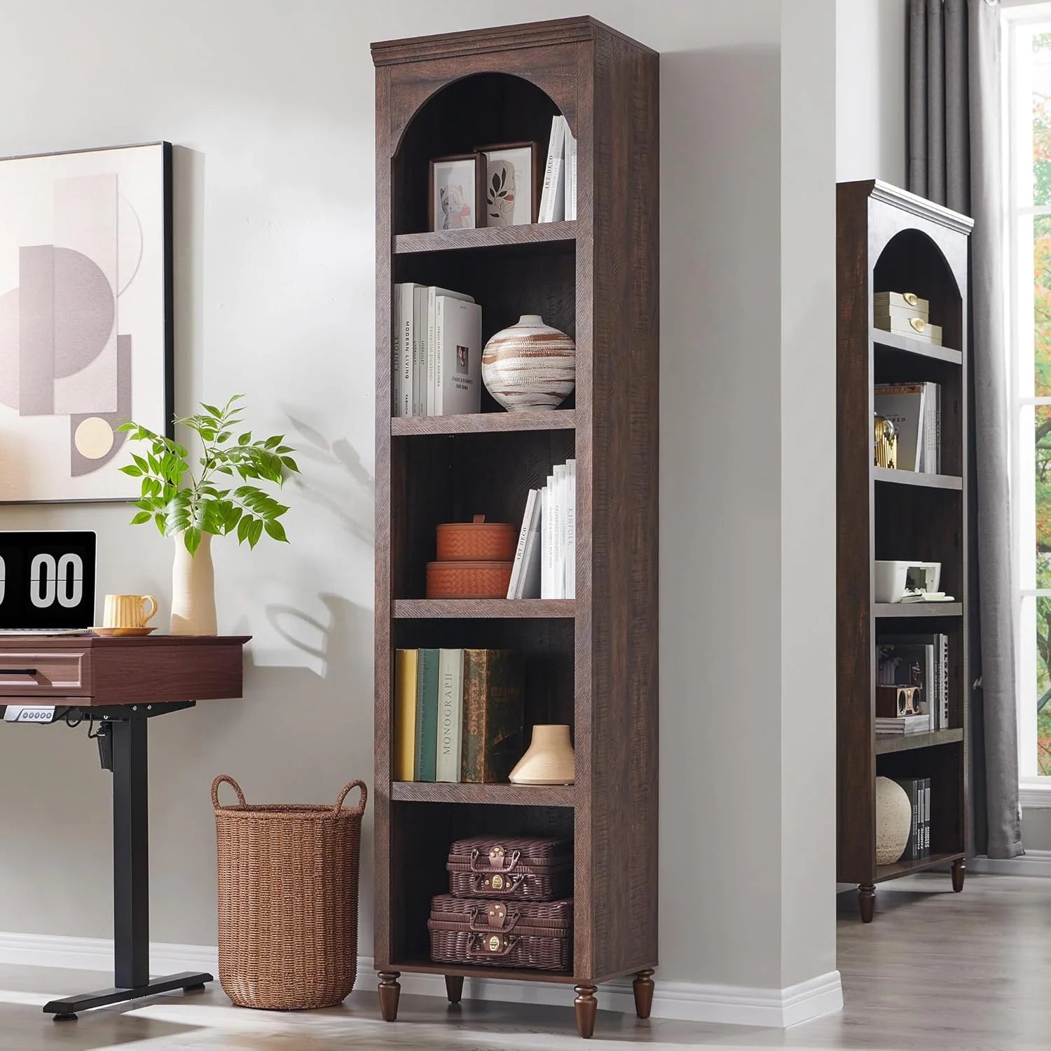 IFGET 76 Tall Arched Bookcase Farmhouse 5 Tiers Large Arched Bookshelf Cabinet Adjustable Shelves