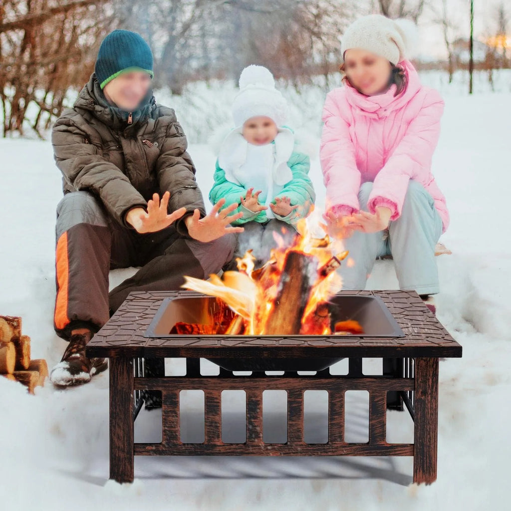Yaheetech Multifunctional Fire Pit Table 32in Square Metal Firepit Stove Backyard Patio Garden Fireplace for Camping, Outdoor Heating, Bonfire and Picnic