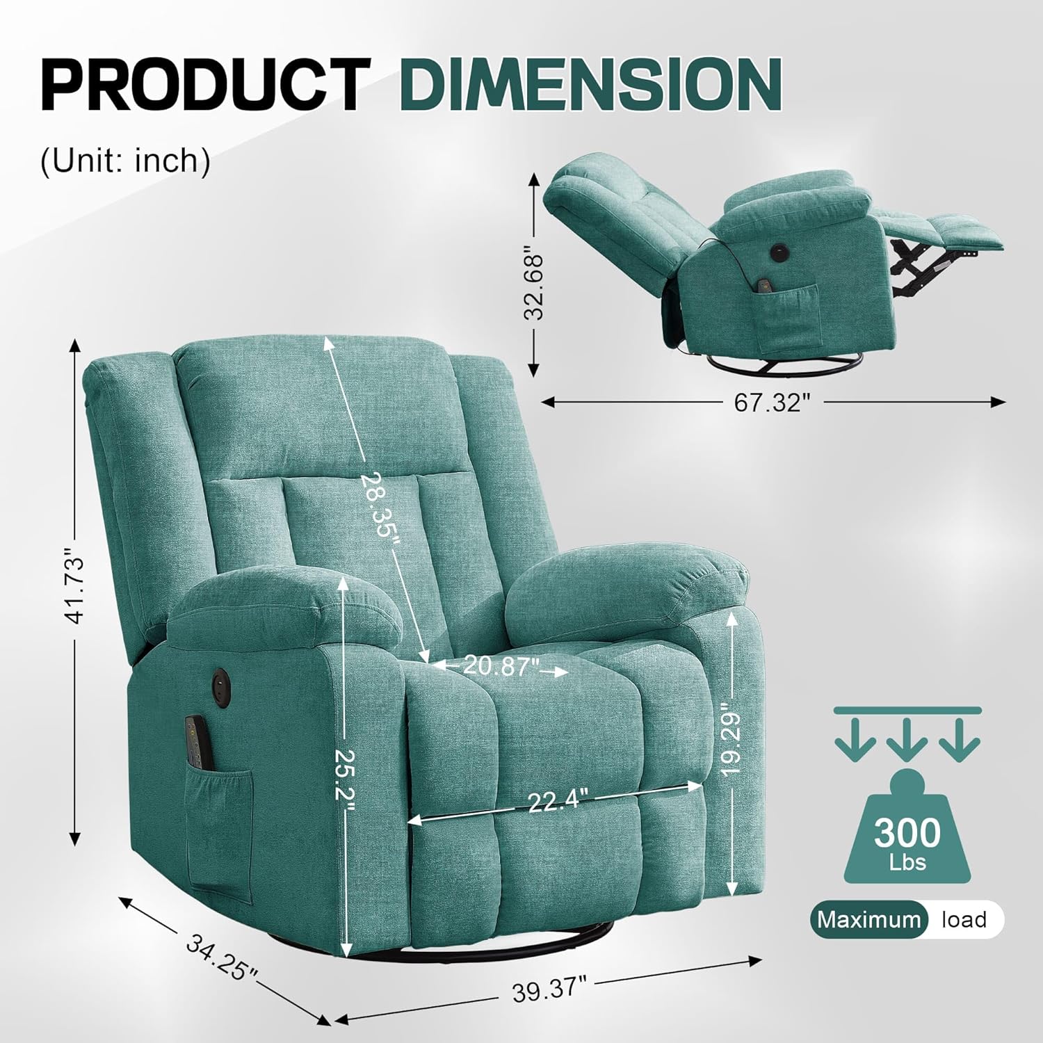 Rocker Recliner, Glider Recliner Chairs for Adults, 360�� Swivel Rocking Chair with Massage and Heating, Nursery Chair