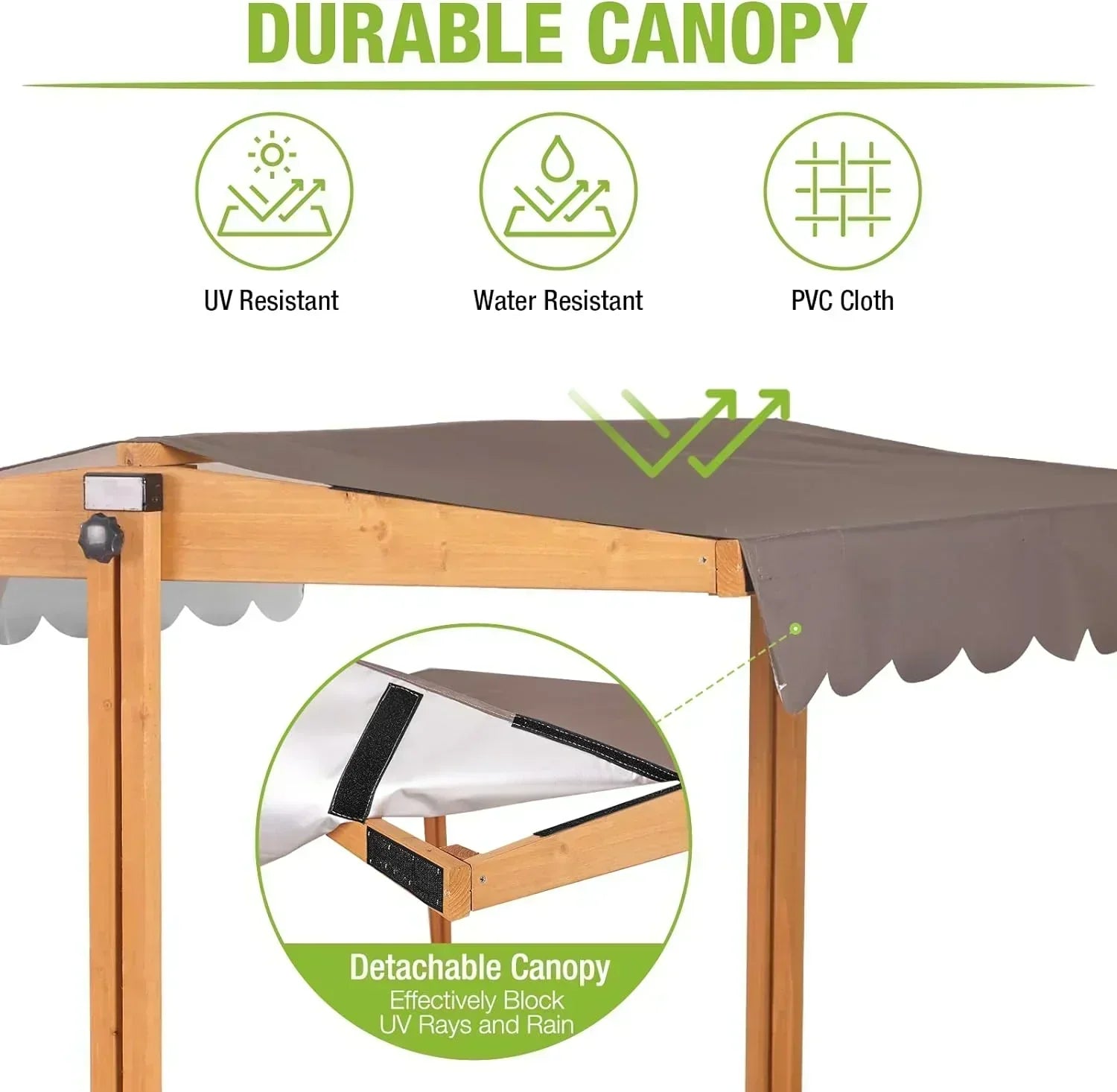 Kids Wooden Outdoor Sandbox Canopy 2 Foldable Bench Seats Retractable Roof Sand Protection Liner