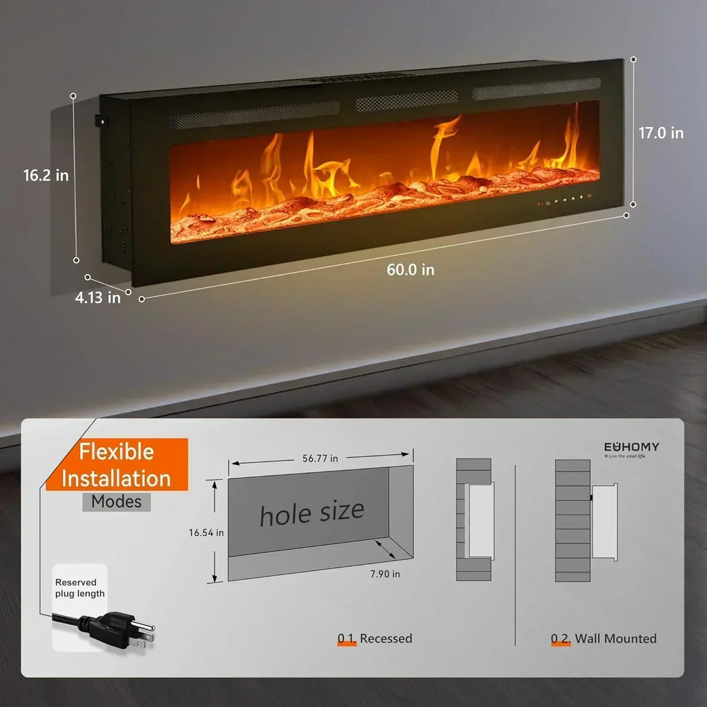 EUHOMY 50 Inch Electric Fireplace Wall Recessed Adjustable Flame Color Fireplace Heater