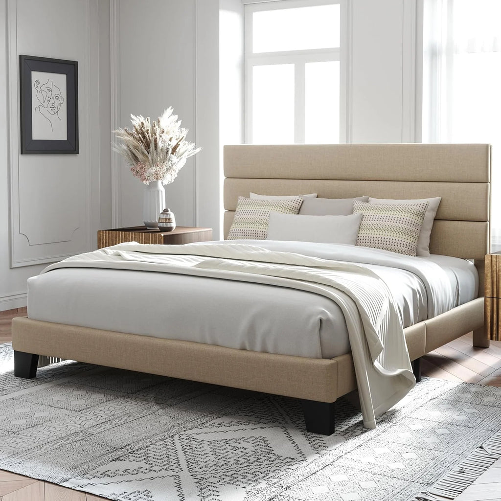 Allewie Queen Size Platform Bed Frame Fabric Upholstered Headboard Wooden Slats Support