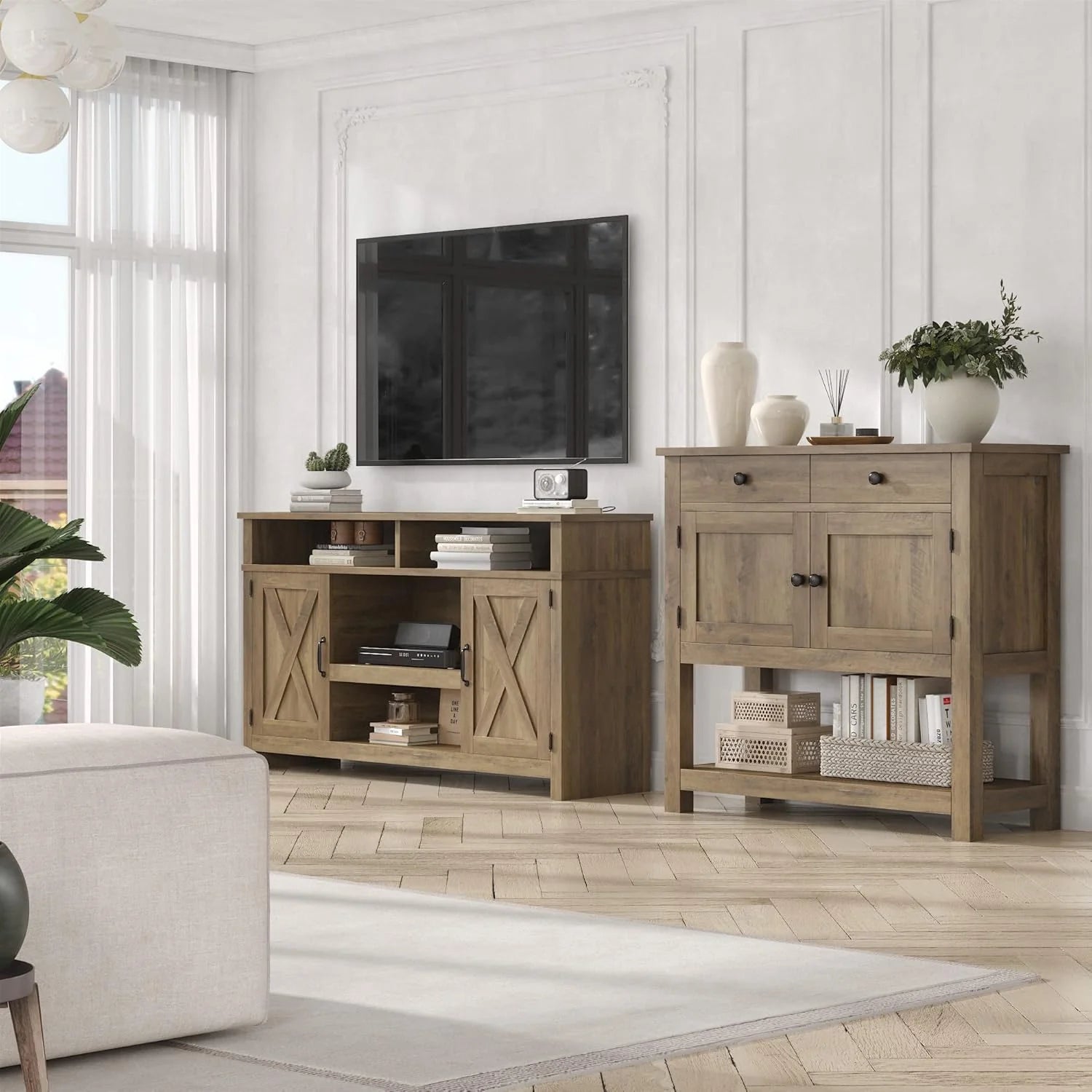 HOSTACK Farmhouse Console Table with 2-Door Cabinet & 2 Drawers, Coffee Bar, Entryway Table with Storage Shelf, Sofa Tables Buffet Sideboard for Kitchen, Hallway, Dining, Living Room, Rustic Brown