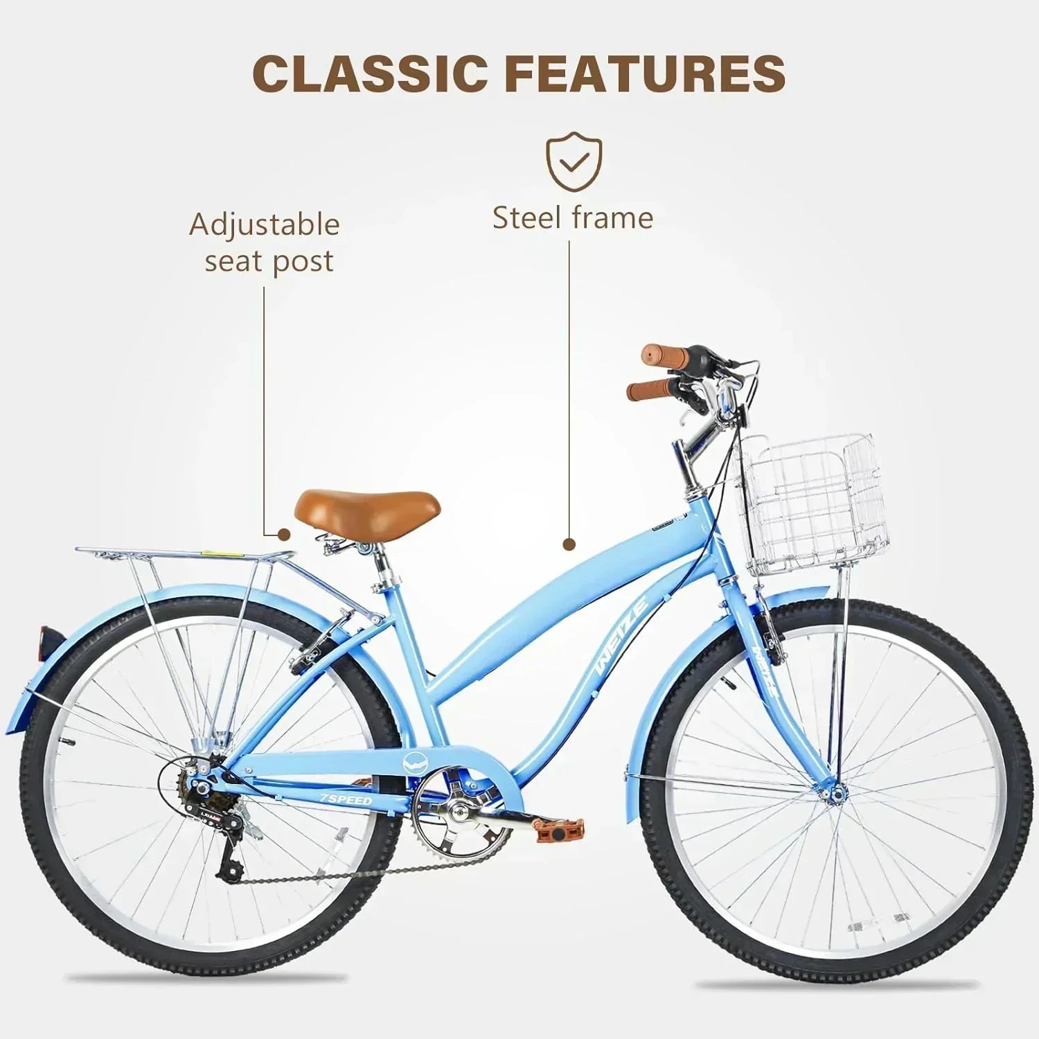 WEIZE Beach Cruiser Bike 26 inch Commuter Bicycle for Adult Men and Women 7-Speed/High-Carbon