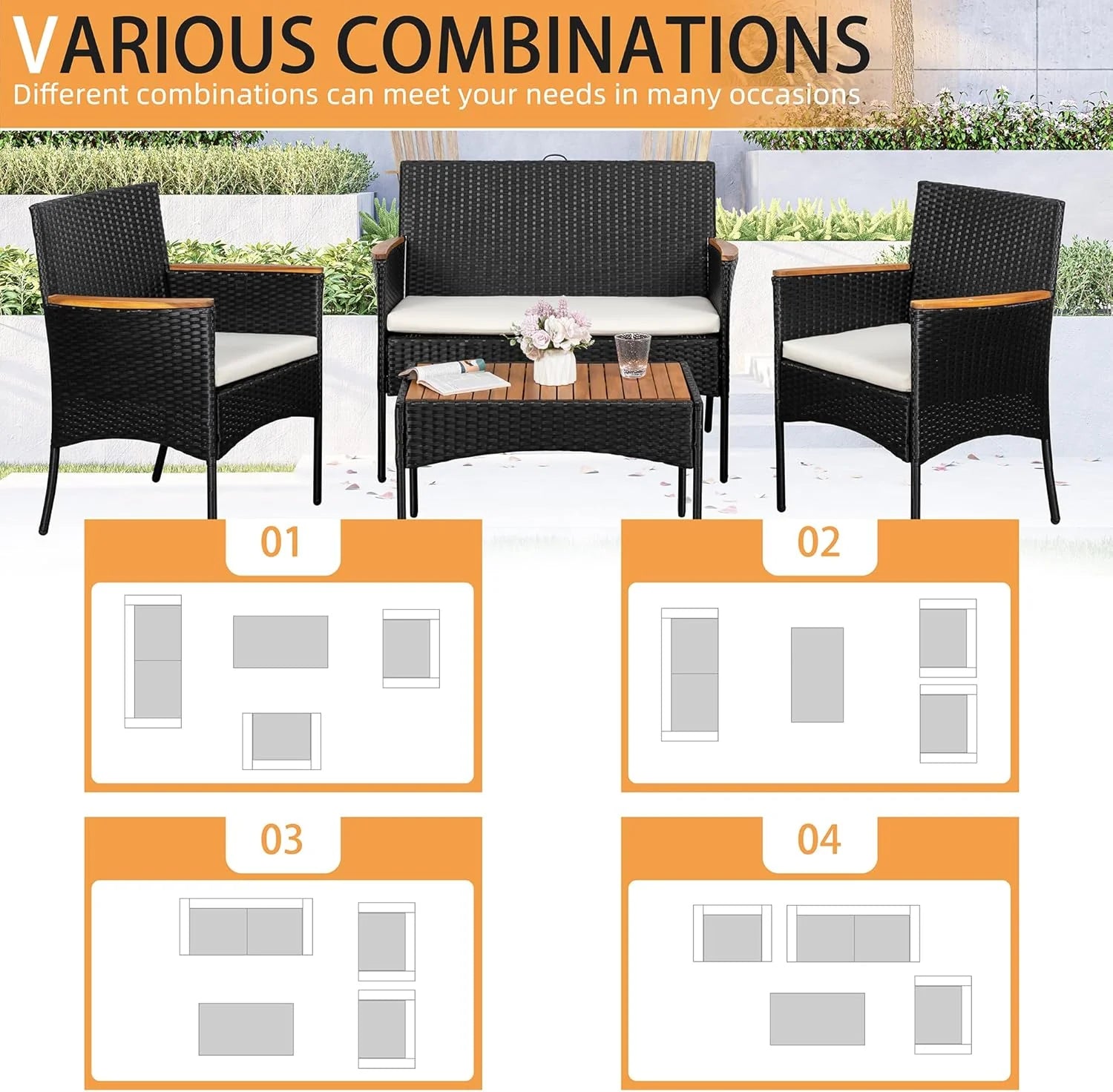 Shintenchi 4-Piece Patio Furniture Set, Outdoor Wicker Patio Conversation Furniture Set with Cushions and Wooden Tabletop for Paito Lawn Backyard, White Cushion