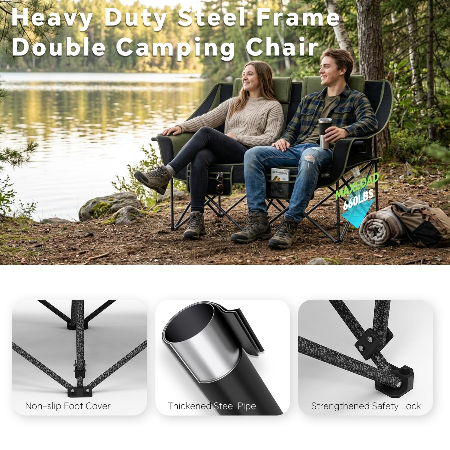 Oversized Heavy Duty Folding Camping Chair for Two Adults Loveseat with Cup Holders and Carry Bag 660 lbs