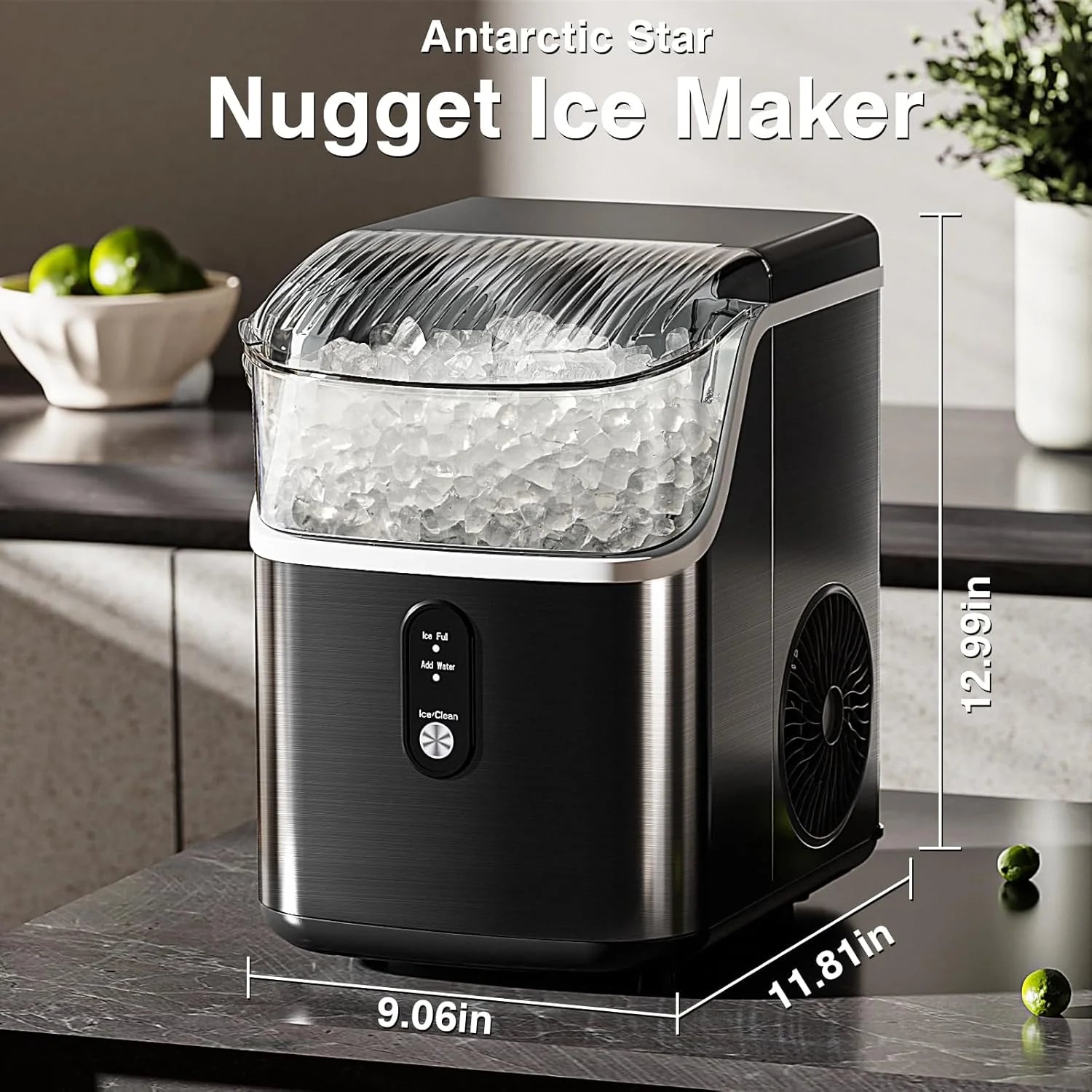 Nugget Ice Makers Countertop, Pebble Ice Machine with Chewable Pellet Ice, 34Lbs/24H, Self-Cleaning, Sonic Ice, One-Click Operation, for Kitchen,Office Stainless Steel Silver