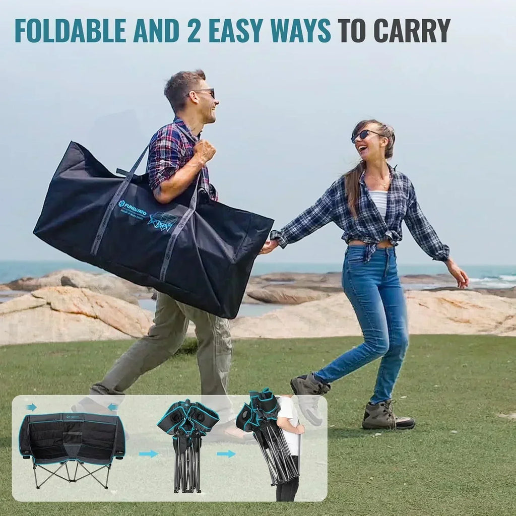 Double Camping Chair Cooler 3-Person Folding Extra Large Camping Chair 1000-Pound Capacity