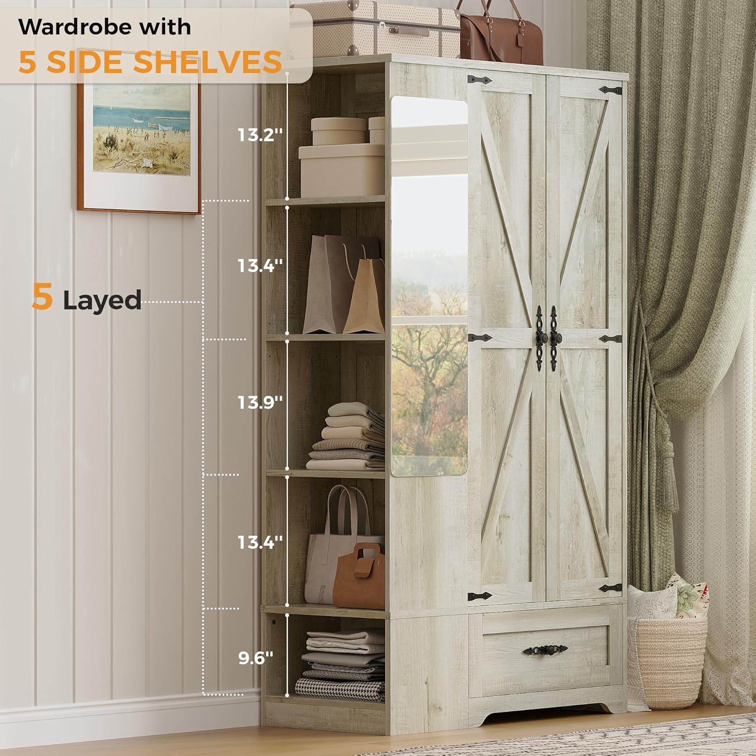 ANCTOR Armoire Wardrobe Closet with Mirror, 70 H Wooden Bedroom Armoires and Wardrobes