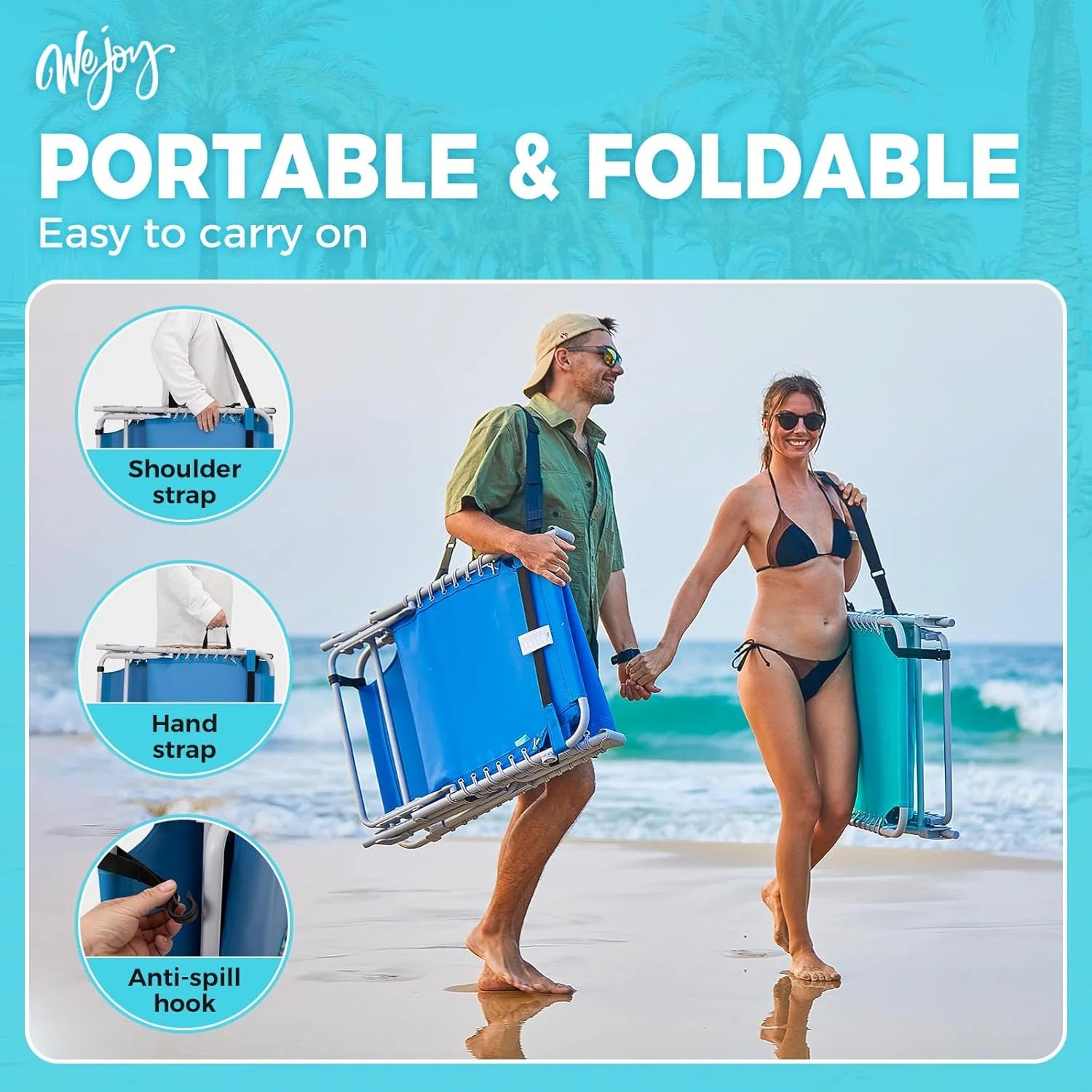 2 Pack Outdoor Chaise Lounge Chair - Portable Folding Patio Pool Lounge Chair, 5 Positions Adjustable Reclining Camping Chair with Side Table,Shoulder Strap, Pillow for Beach Sunbathing Lawn
