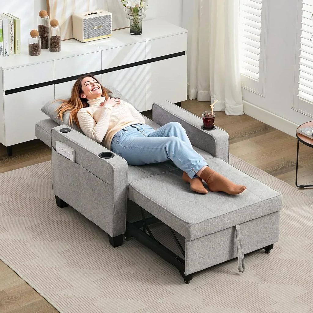 Adult Convertible Sleeper Chair Bed 3-in-1 Pull-Out Sofa Bed with USB/Type-C Ports Cup Holders
