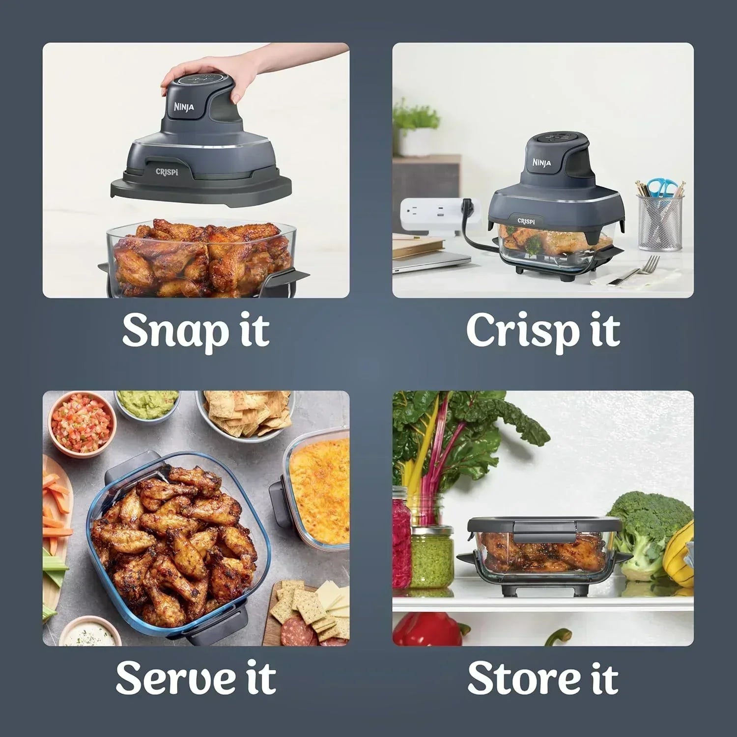 Ninja Crispi 4 in 1 Portable Glass Air Fryer Cooking System 4QT 6 Cup TempWare Glass Containers