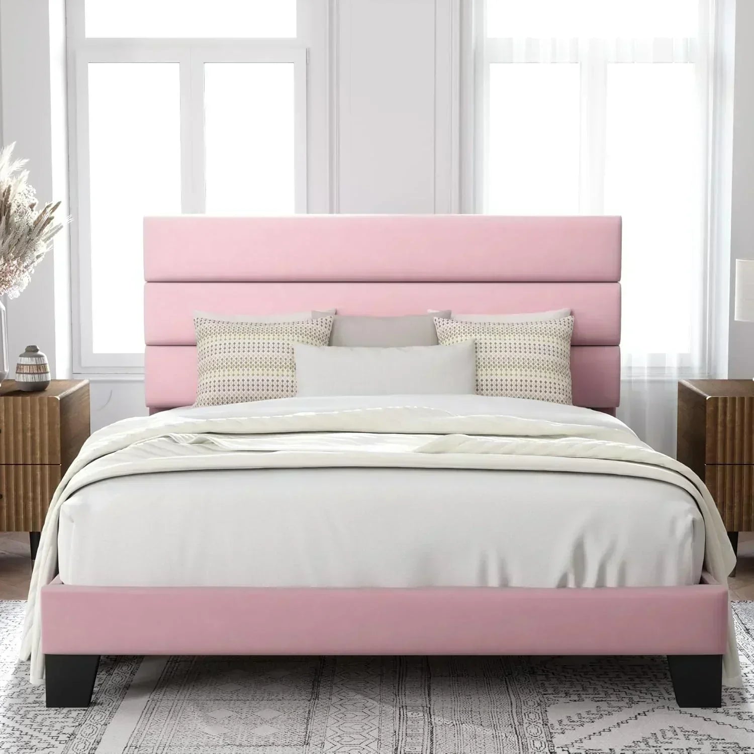 Allewie King size platform bed frame with velvet upholstered headboard and planks