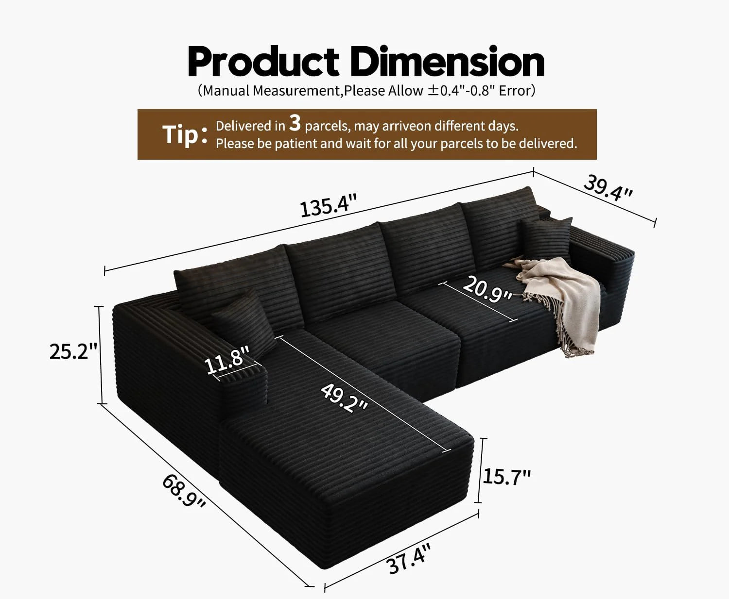 107.5 Cloud Modular Sectional Sofa Couch with L-Shape Chaise,Modern Minimalist Upholstered Couches