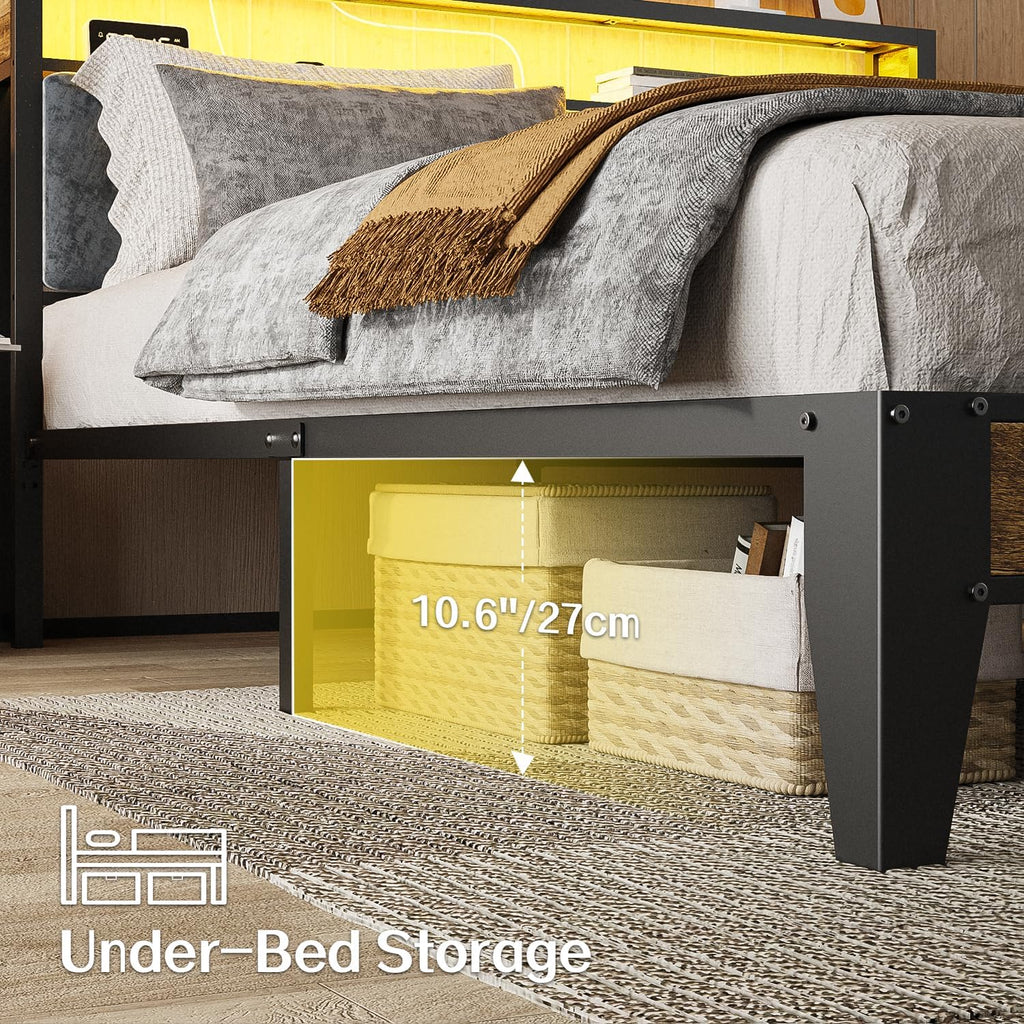 OLEVS Single Bed Frame LED Light Storage Headboard Type C Charging Station Metal Platform Bed