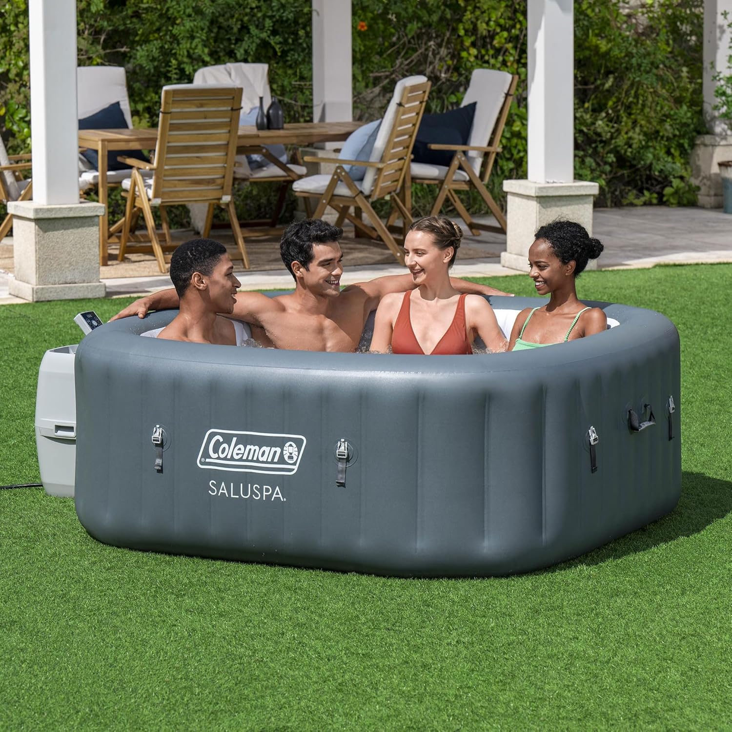 Coleman SaluSpa Atlantis AirJet 4 to 6 Person Inflatable Hot Tub Square Portable Outdoor Spa with 140 Soothing Jets with Cover, Blue