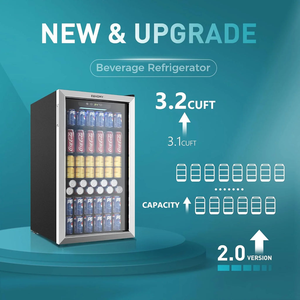 EUHOMY Beverage Refrigerator Cooler, 130 Can Mini Fridge with Glass Door for Soda Beer or Wine, Beverage Cooler for Home, Office, Bar with Adjustable Removable Shelves, Silver