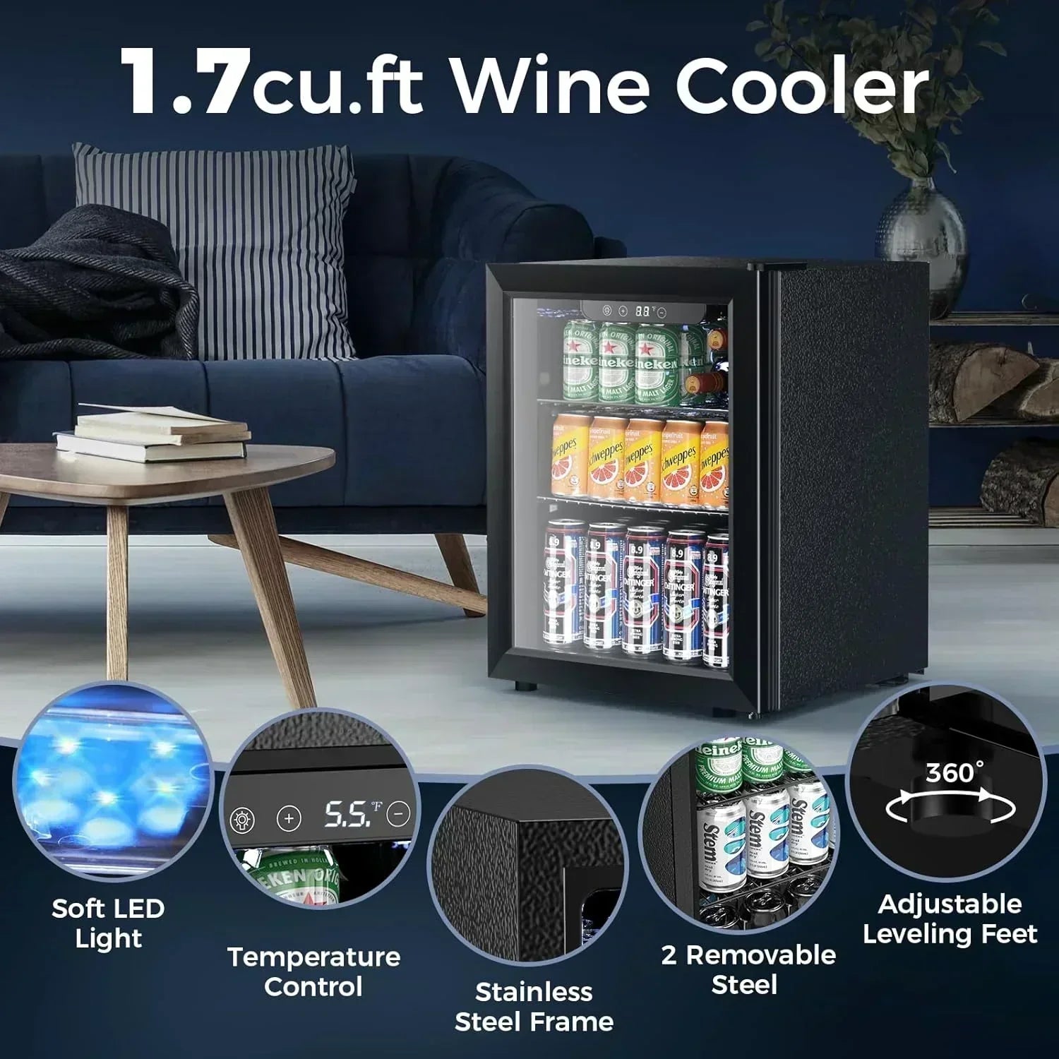 Mini Fridge 130 Can Beverage Refrigerator Cooler Drink Fridge Adjustable Temperature Control