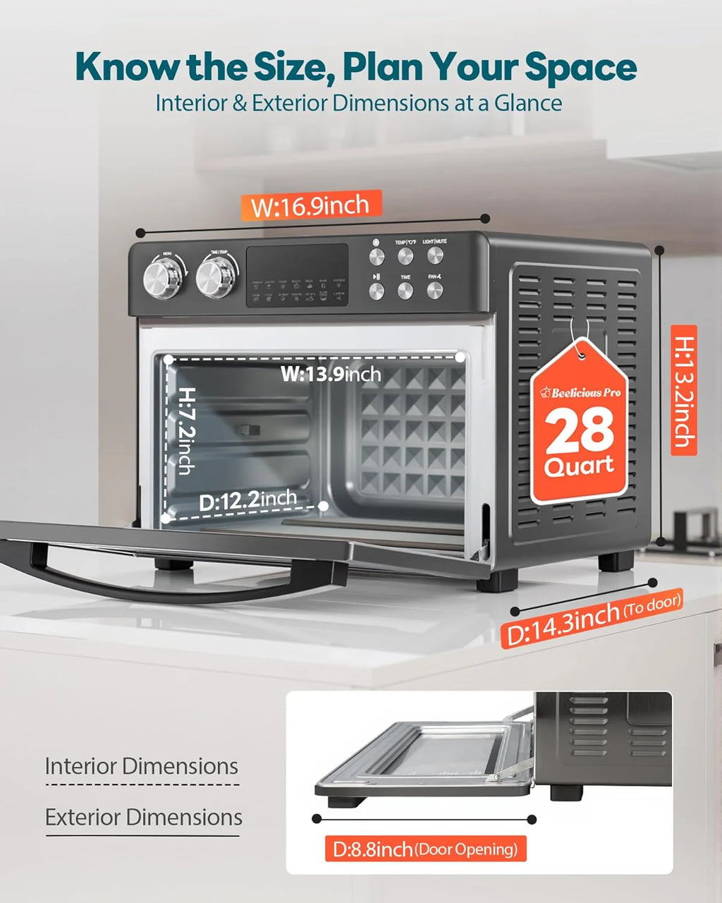 28QT Air Fryer Toaster Oven Combo, Large 12-in-1 Convection Countertop Oven with 3-Layer Cooking, Rotisserie for Chicken, 6 Heating Tubes, Fast Preheat, Fits 11 Pizza, Full Accessories, Sparkle Black