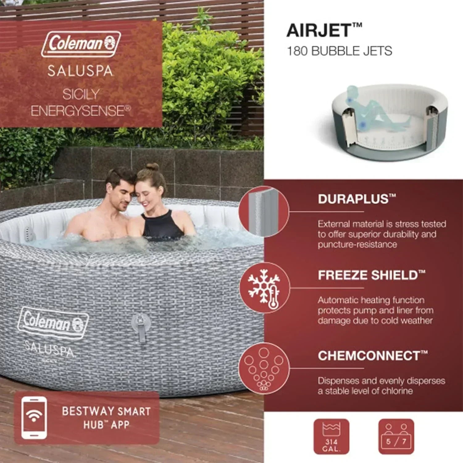 SaluSpa Sicily AirJet 7 Person Inflatable Hot Tub Round Portable Outdoor Spa 180 Soothing AirJets