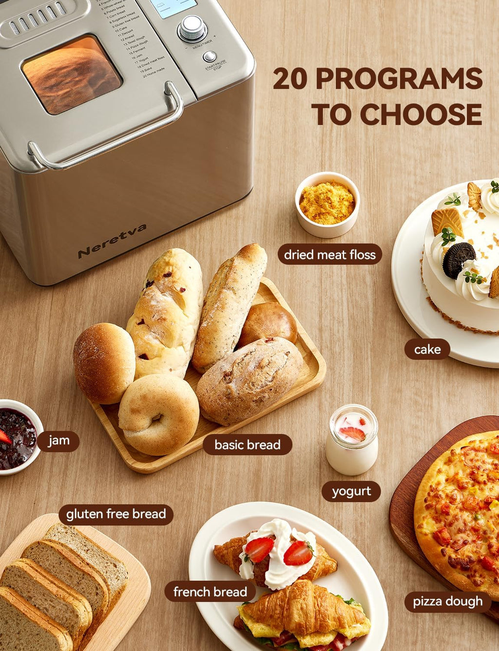 Neretva Bread Maker, 20-IN-1 2LB Bread Machine Dual Heater Bread Maker Machine Automatic with Nonstick Ceramic Pan, 15H Timer & 1H Keep Warm Set, Low Noise, Stainless Steel Breadmaker Recipe-Green