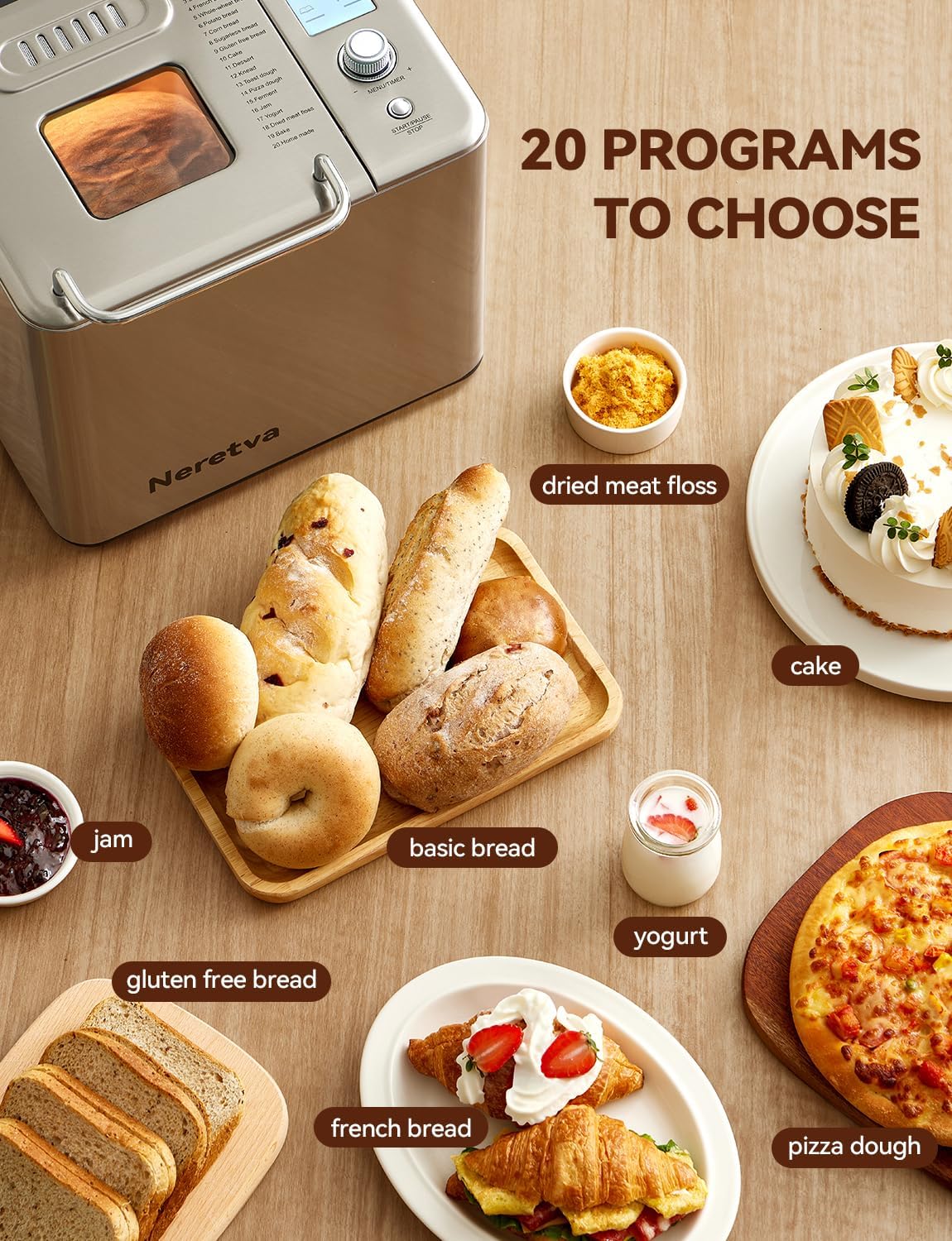 Neretva Bread Maker, 20-IN-1 2LB Bread Machine Dual Heater Bread Maker Machine Automatic with Nonstick Ceramic Pan, 15H Timer & 1H Keep Warm Set, Low Noise, Stainless Steel Breadmaker Recipe-Green