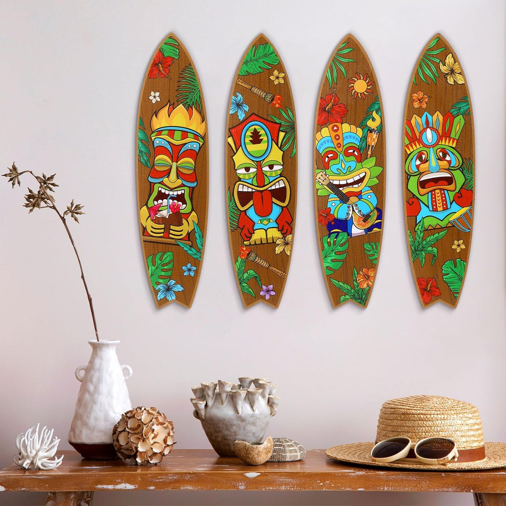 Blulu 4 Pcs Surfboard Wall Decor Surfboard Wall Hanging Sign Wooden Beach Decoration Summer Theme Decor Hawaiian Luau Party Decoration for Home Bar Aloha Tropical Birthday Party(Tiki)