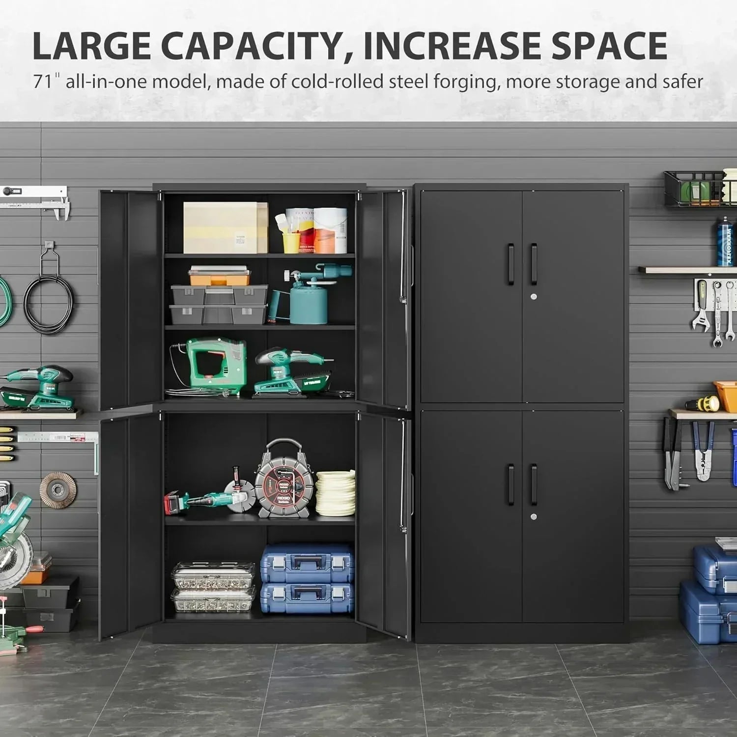 Metal Storage Cabinet with 2 Doors and 6 Shelves Black Metal Cabinet Garage Storage Cabinet