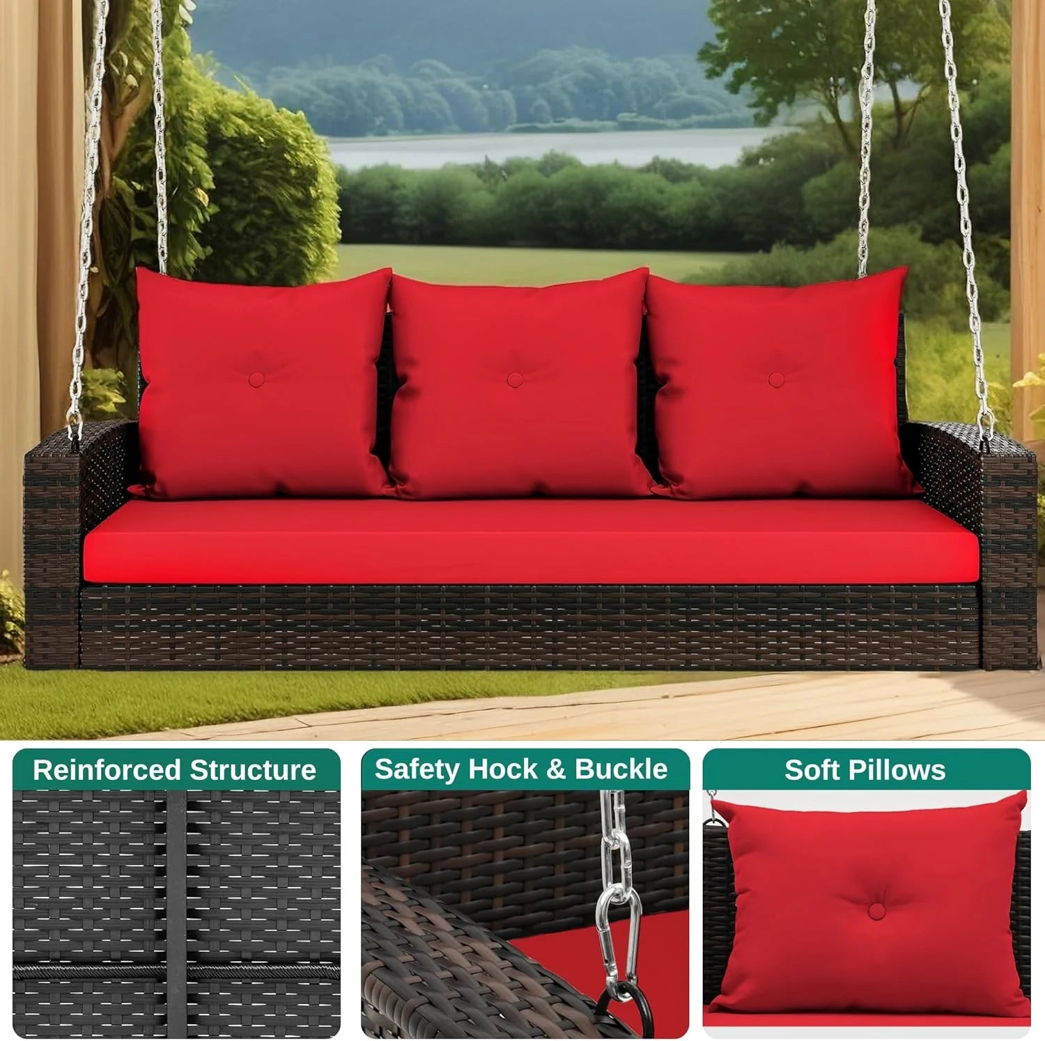 YITAHOME Hanging Porch Swing Chair Sits 3 People, Wicker Outdoor Swing Bench, Patio Lounge Chair, 1 Seating Cushion and 3 Back Cushions, w/Removable Covers, for Garden, Balcony, Backyard, Brown