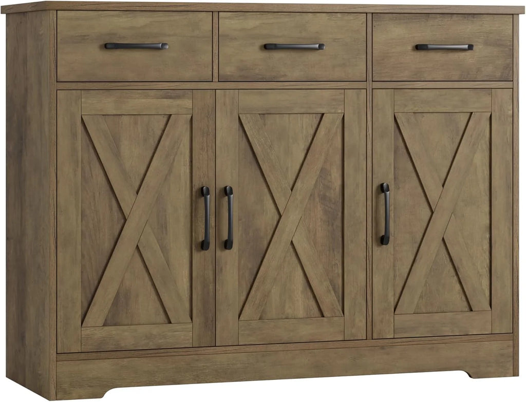 Modern farmhouse sideboard, barn door buffet storage cabinet with drawers and shelves, wooden coffee bar with storage