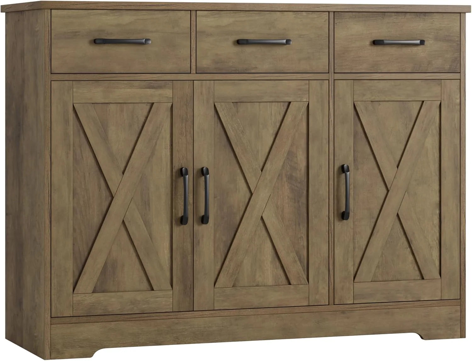 Modern farmhouse sideboard, barn door buffet storage cabinet with drawers and shelves, wooden coffee bar with storage