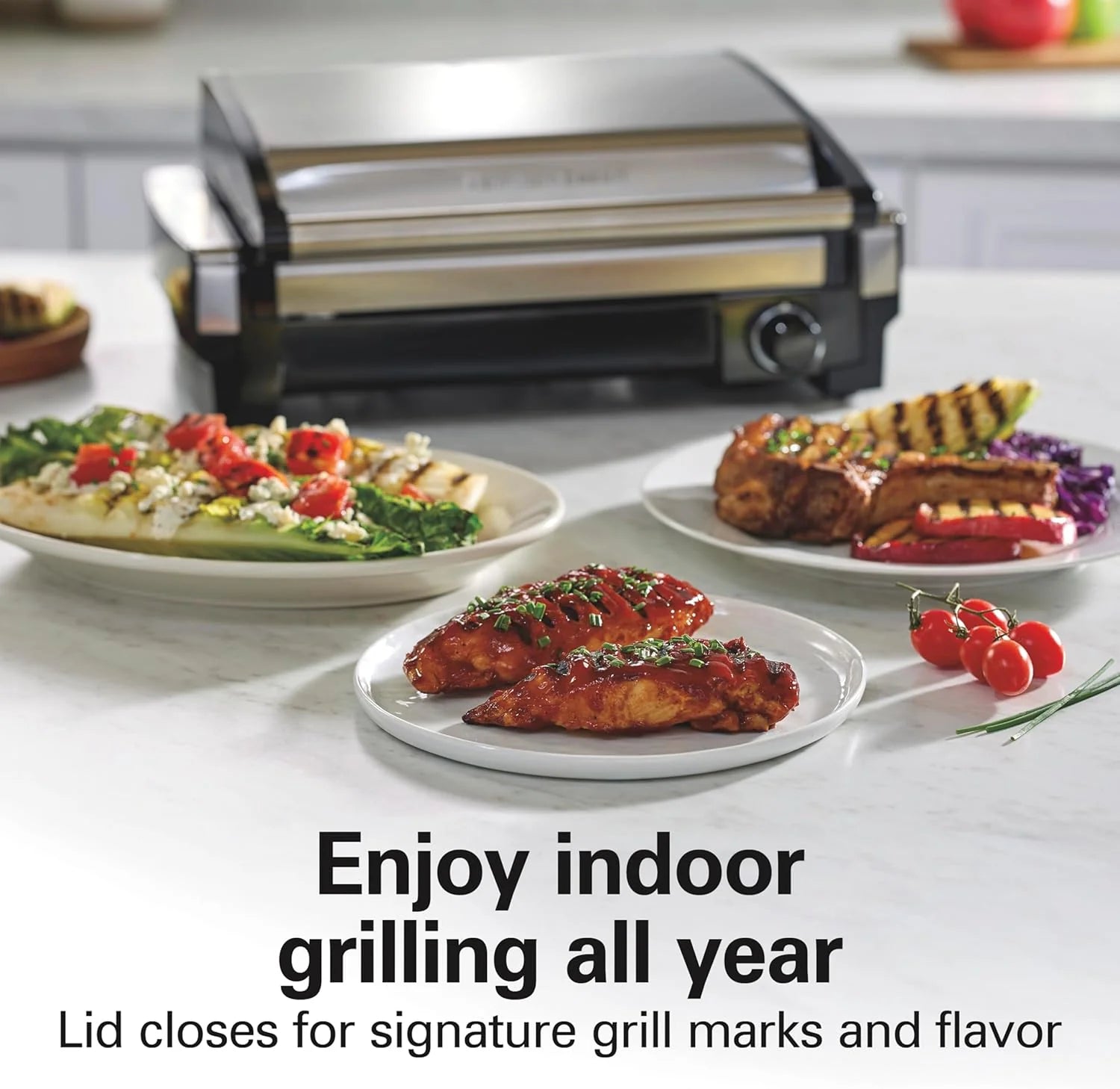 Indoor electric grill with viewing window, adjustable to 450��F, serves 6 people