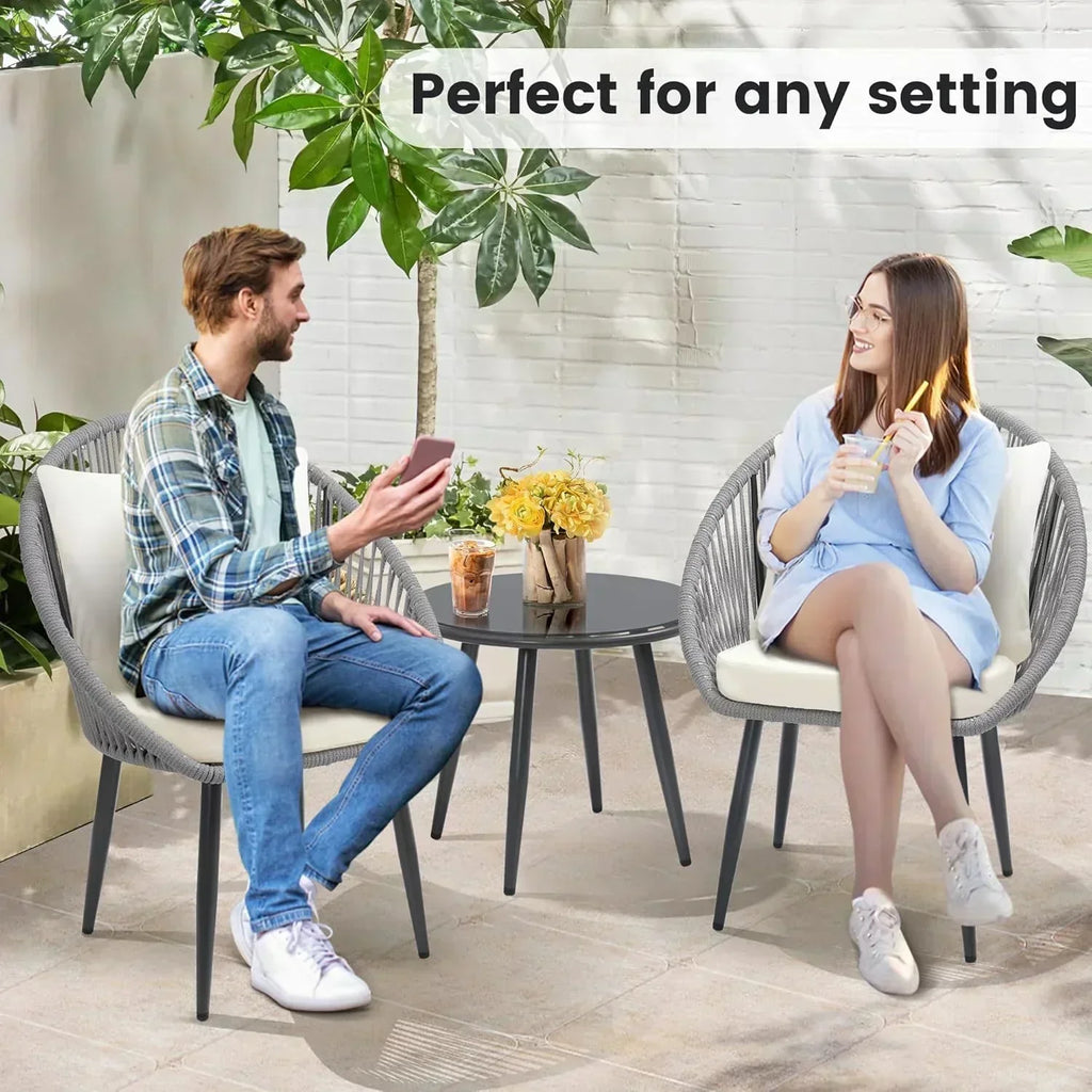 3 Piece Bistro Set Woven Rope Chair with Cushions All Weather Patio Conversation Set Side Table