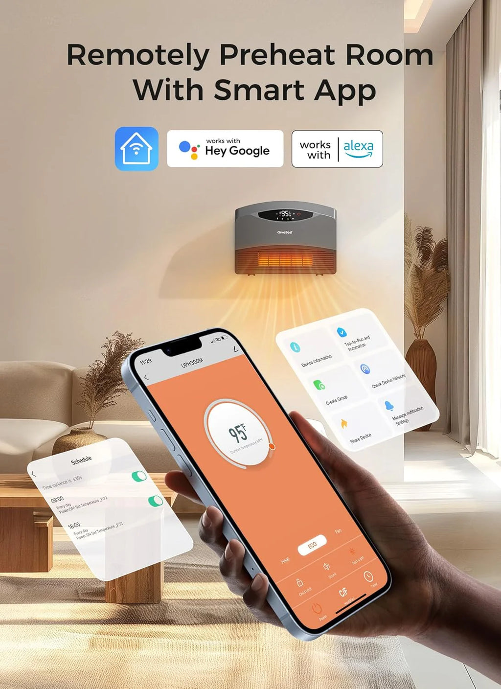 GiveBest Electric Wall Heater with WiFi and Remote Control, Floor or Wall Mounted Heater, Large Room Coverage, 3 Heating Modes, 1500W Fast Heating Space with Thermostat for Indoor Room Use