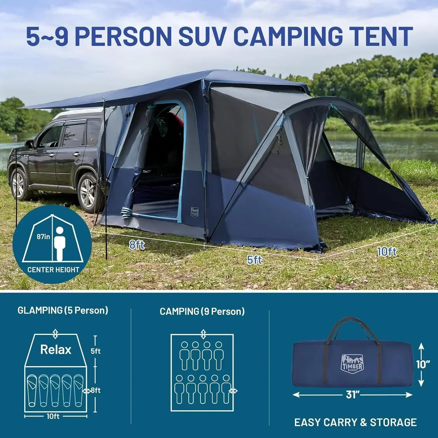 TIMBER RIDGE 5-9 Person SUV Tent with Screen Porch and Awning for Family Camping Weather Resistant