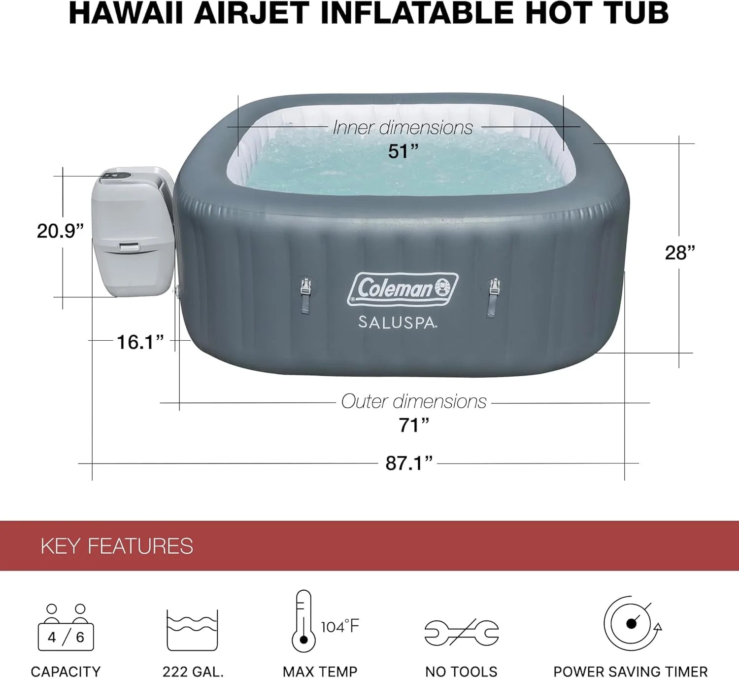 Coleman SaluSpa Atlantis AirJet 4 to 6 Person Inflatable Hot Tub Square Portable Outdoor Spa with 140 Soothing Jets with Cover, Blue