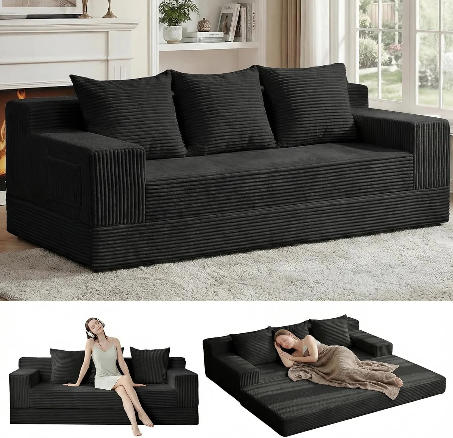 Loveseat Boneless Convertible Sofa Bed, Folding Floor Futon Sleeper Sofa Couch Bed- Boneless Foldable Couch, Corduroy Pull Out Sofa Bed with 2 Pillows for Living Room & Bedroom