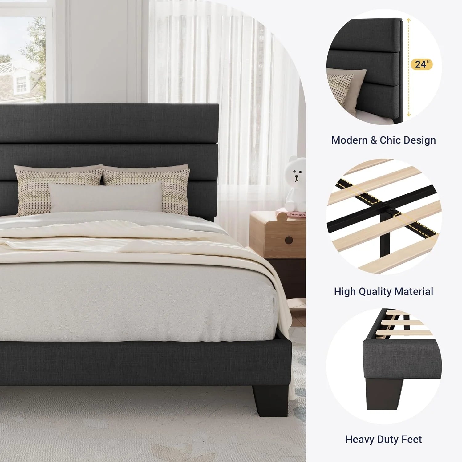 Allewie Queen Size Platform Bed Frame Fabric Upholstered Headboard Wooden Slats Support