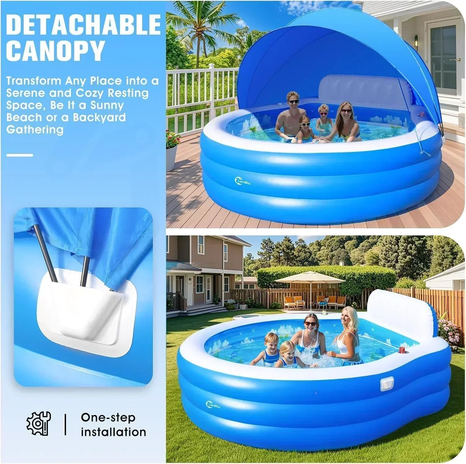 2025 Upgraded Inflatable Pool with Canopy Inflatable Family Lounge Pool Round Blow Up Pool
