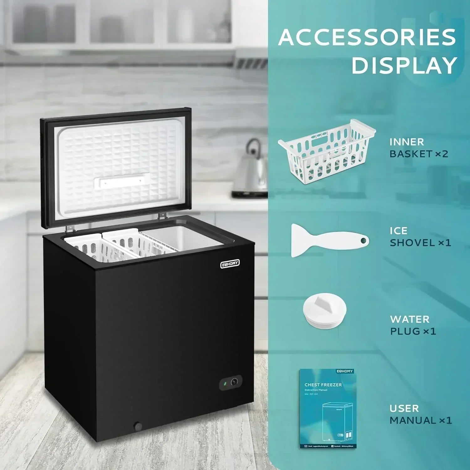 EUHOMY 3.5 Cu.Ft Chest Freezer with Removable Basket Small Deep Freezer Adjustable 7 Thermostat