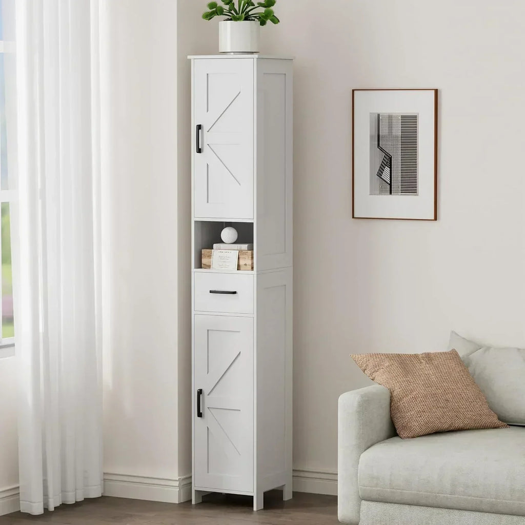 Homhedy 67 H Tall Bathroom Storage Cabinet with 2 Barn Doors and 1 Drawer Narrow Storage Unit