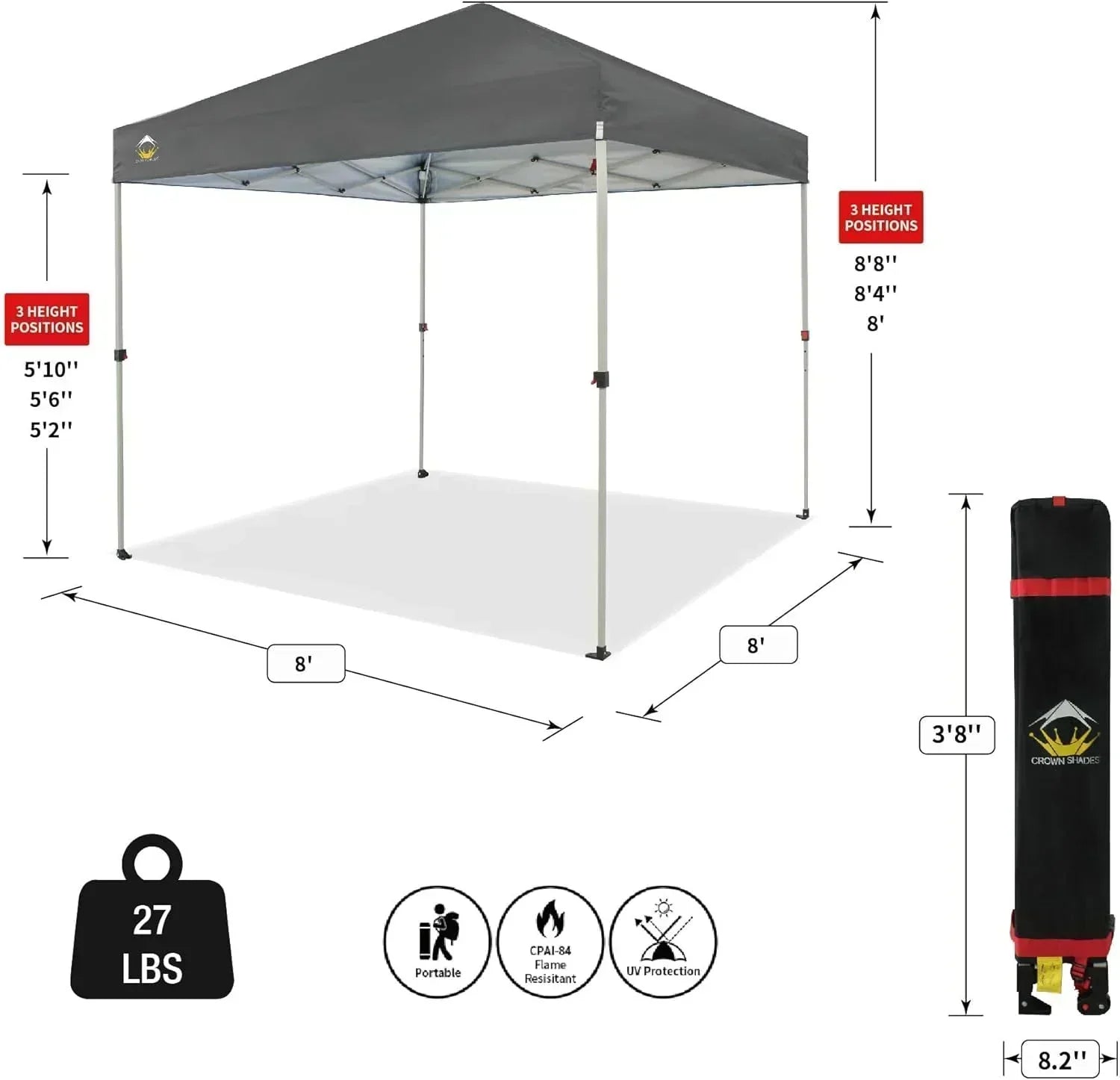 10x10 Pop-Up Awning One-Click Installation Beach Tent Outdoor Sunshade Silver Coated Top