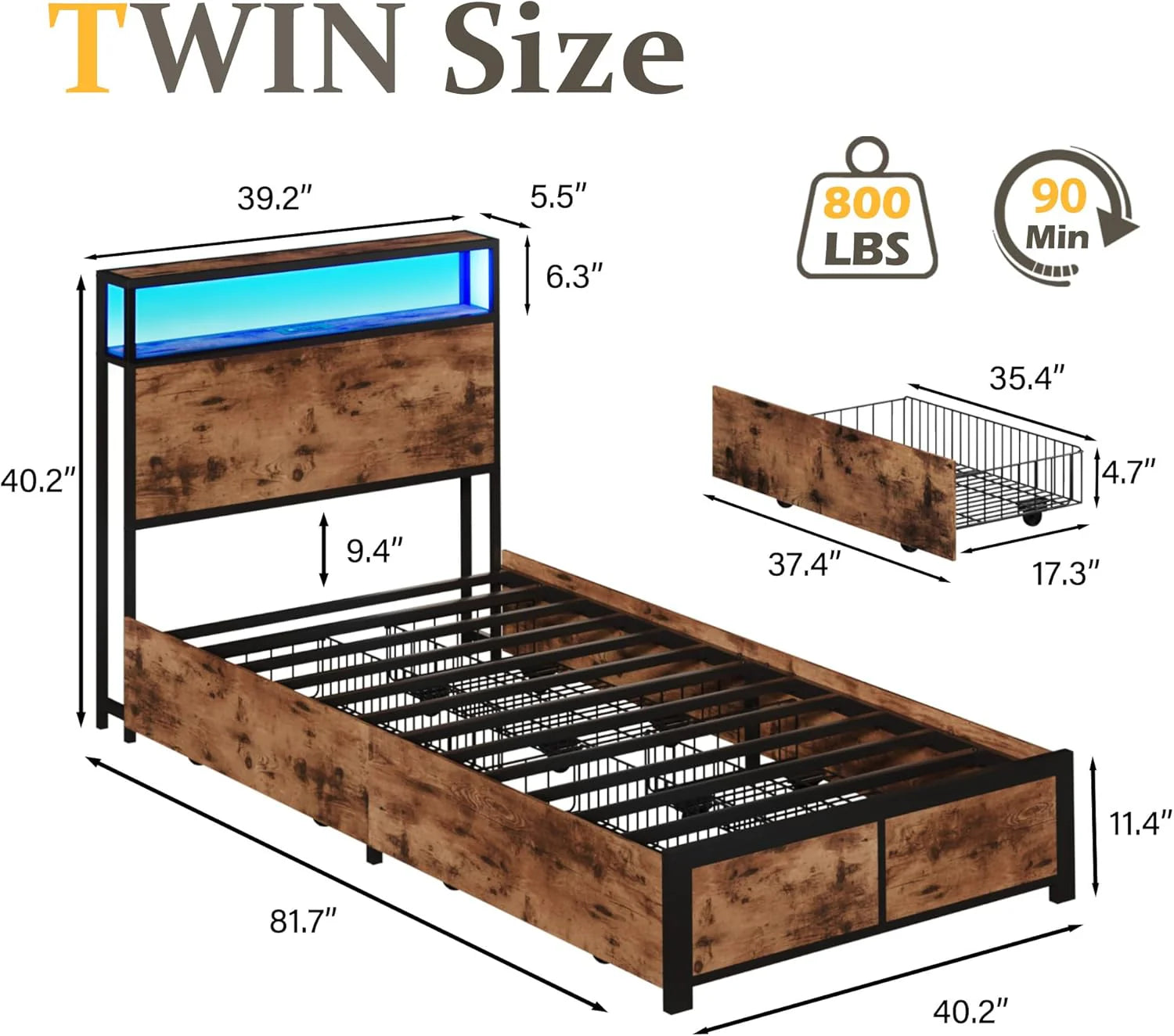 Lifezone Queen Bed Frame with 2-Tier Storage Headboard, Metal Platform Bed Frame with 4 Storage Drawers, Built in Charging Station & LED, Noise-Free/Metal Support/No Box Spring Needed