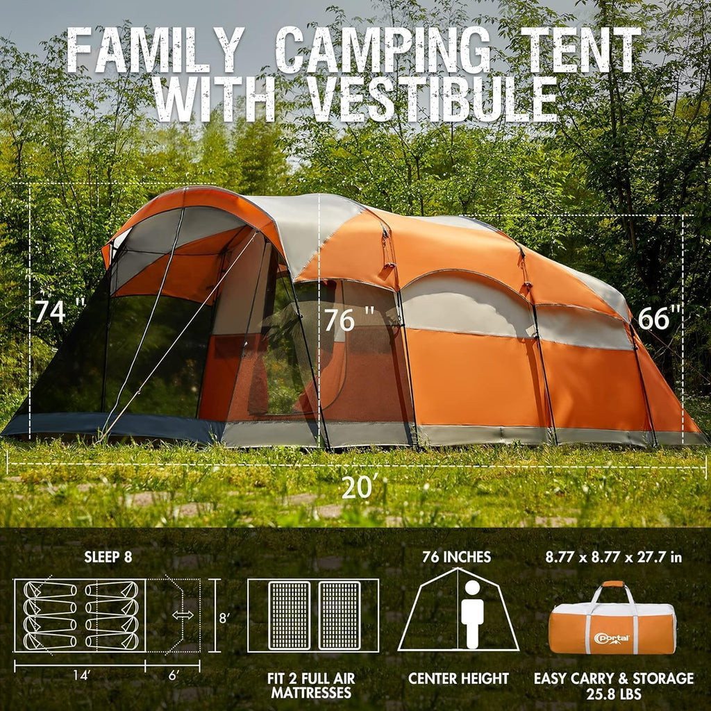 PORTAL 6/8/10 Person Family Camping Tent with Screen Room Water Resistant Big Tunnel Tent