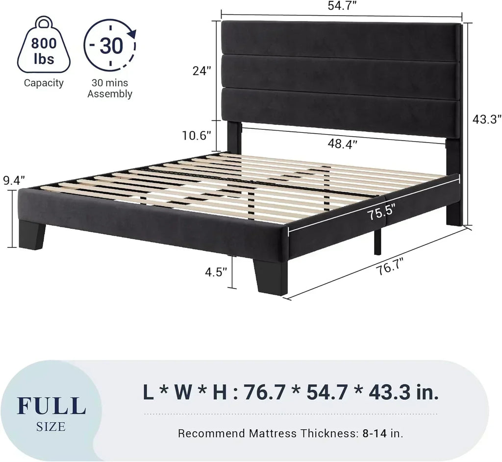 Allewie King size platform bed frame with velvet upholstered headboard and planks