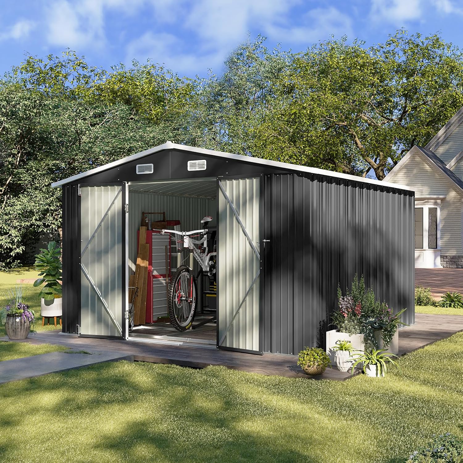 Aoxun 12x10 FT Shed Metal Outdoor Waterproof Storage Shed Steel Utility Garden Tool Shed