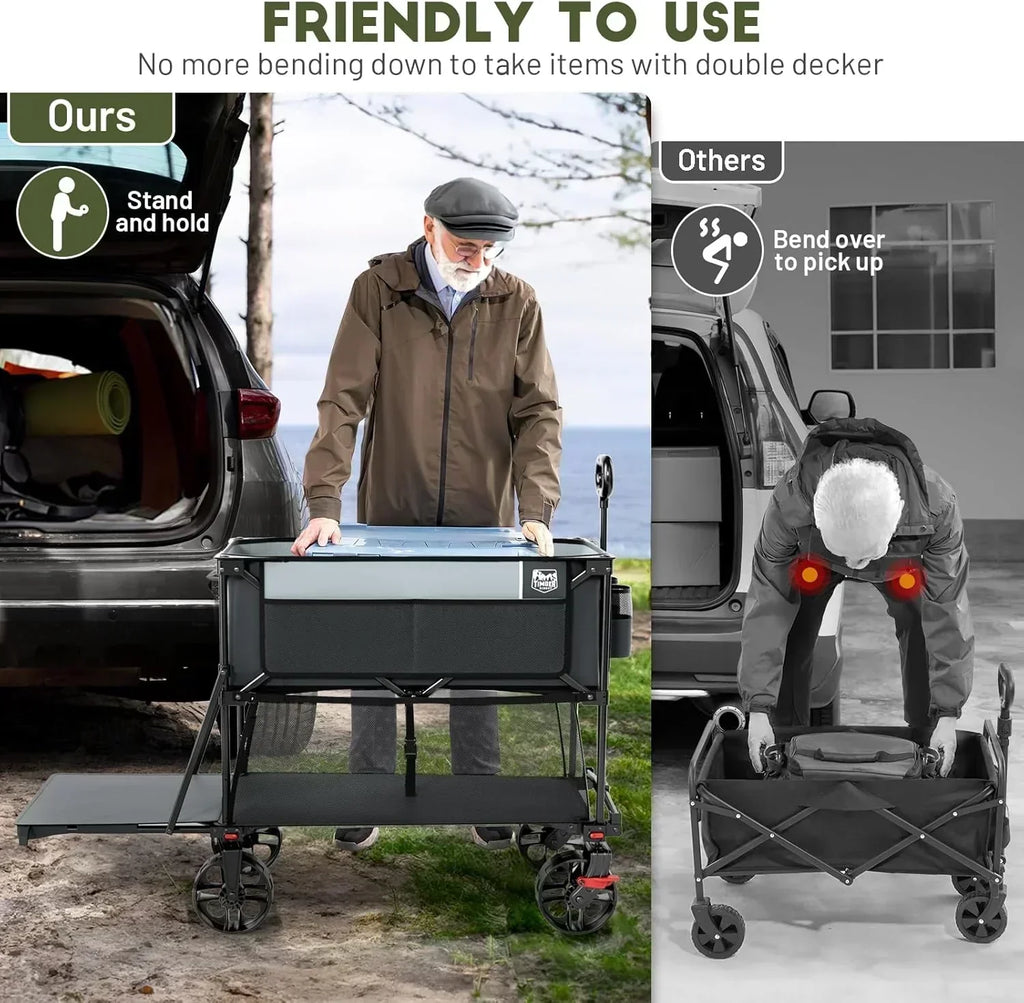 400L Large Capacity Folding Double Decker Cart with Brakes 54 Inch Extra Long Extended Cart