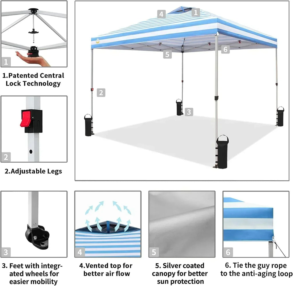 10x10 Pop-Up Awning One-Click Installation Beach Tent Outdoor Sunshade Silver Coated Top