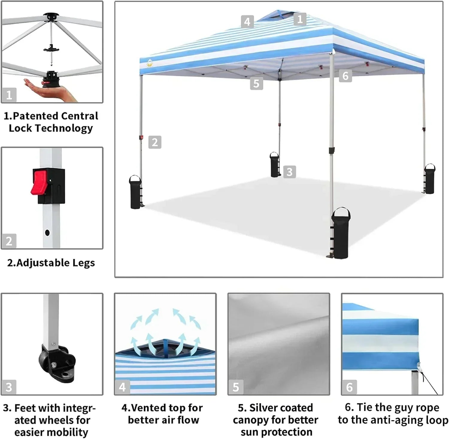 10x10 Pop-Up Awning One-Click Installation Beach Tent Outdoor Sunshade Silver Coated Top